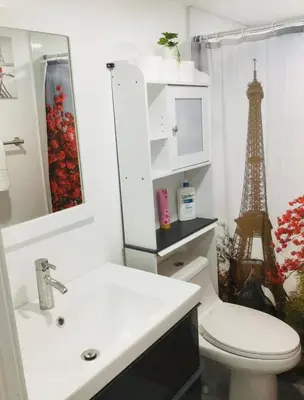 a bathroom with a sink and a toilet and the eiffel tower at NEW PRIVATE STUDIO MAGIC CITY OF MIAMI, GATED PARKING in Miami