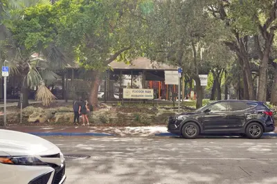 a black car parked in a parking lot next to trees at Beautiful Blue & Gold Studio With Ocean View in Miami