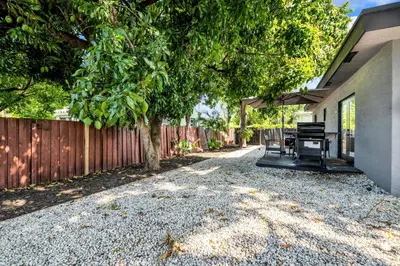 a backyard with a tree and a fence at Urban Seaside in Dania Beach