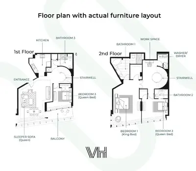 a floor plan with actual furniture layout at 2-Story 3BD Brickell Penthouse Free Parking Heated Pool in Miami