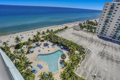 an aerial view of a resort with a beach at Beautiful 1 1 Beach View 14 Floor in Hollywood