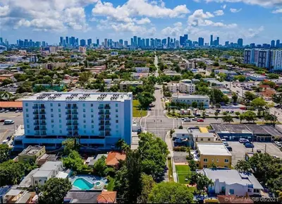 an aerial view of a city with a tall building at Pleasing Little Havana Apt Fast WiFi Hv1 in Miami