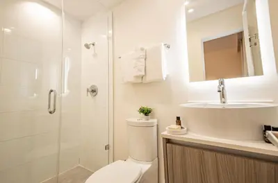 a bathroom with a toilet and a shower and a sink at Kenmore Village Hotel, South Beach in Miami Beach