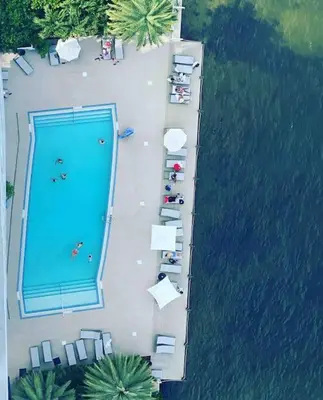 an overhead view of a swimming pool next to a lake at Ocean Breeze & City Style, Miami Beach Luxury Stay -A in Hallandale Beach