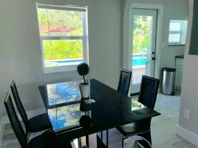 a dining room table with chairs and a potted plant on it at HOUSE WITH POOL, 10 MINS DRIVE TO THE BEACH! in Miami Shores