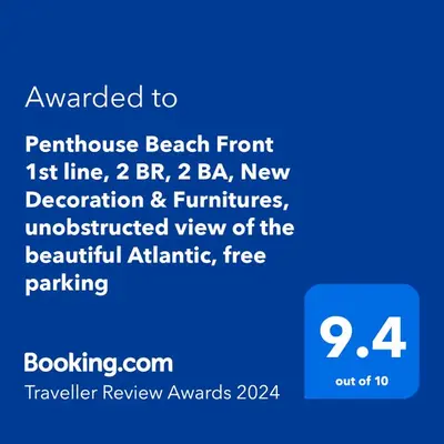 a screenshot of a phone with the text awarded to purchase beach front line at Penthouse Beach Front 1st line, 2 BR, 2 BA, New Decoration & Furnitures, unobstructed view of the beautiful Atlantic, free parking in Hollywood