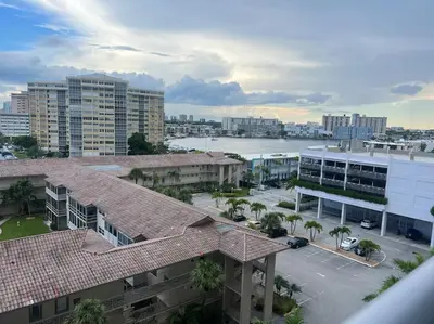 an aerial view of a city with buildings and a harbor at Miami Beach 2BR with Pool & Ocean View in Hallandale Beach