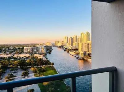 a view of a river in a city with buildings at Cozy Beach Apartment with Full Kitchen -A in Hallandale Beach