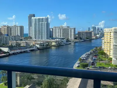a view of a river in a city with buildings at Cozy Beach Apartment with Full Kitchen -A in Hallandale Beach