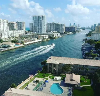 a view of a river in a city with buildings at Sunny Studio Stay, 2 Full Beds, Coastal Walks Nearby in Hallandale Beach