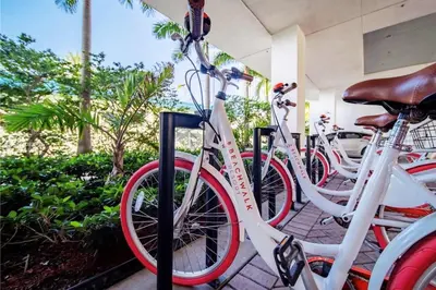 a group of bikes parked next to each other at Sunny Studio Stay, 2 Full Beds, Coastal Walks Nearby in Hallandale Beach