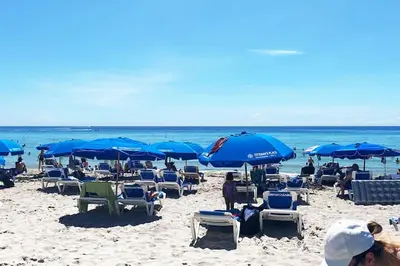 a beach with many chairs and blue umbrellas at Cozy BeachWalk Nest, 2 Full Beds, Steps to Ocean in Hallandale Beach