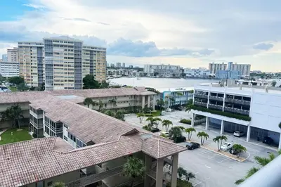 an aerial view of a city with buildings and a harbor at Beachy Vibes Studio, 2 Full Beds, Near Everything in Hallandale Beach