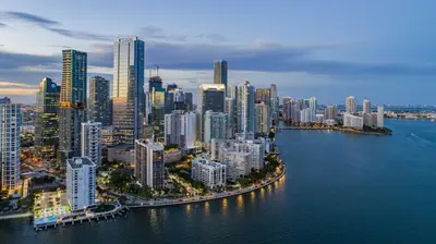 an aerial view of a large city with buildings at Skyline Serenity - Brickell On The River - Bi-Level Loft with Breathtaking Views On The Ocean in Miami