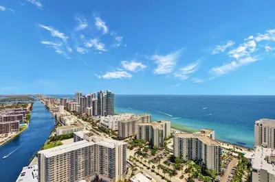 an aerial view of a city and the ocean at HYDE 2BR Panoramic Oceanview - No Resort Fees & Free Parking Exclusive to This Unit T3801 in Hollywood
