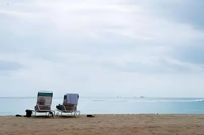 two beach chairs sitting on the sand on the beach at Pavilion - Best ocean sunrise-Miami Beach in Miami Beach