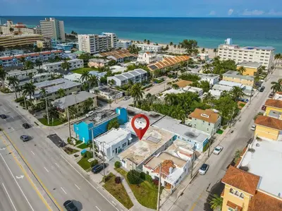 an aerial view of a city with a street and the ocean at Lovely Studio Walking Distance To Ocean - Suite 8 in Hollywood