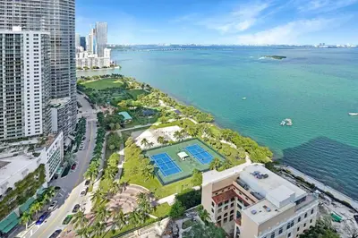 an aerial view of the ocean in front of a city at Obsession! Water & Park Views in Miami