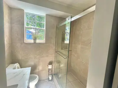 a bathroom with a shower with a toilet and a window at The Agustin Guesthouse - Men Only Clothing Optional in Fort Lauderdale