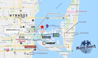 a map of the miami beach attractions at Summer Retreat! Water and City Views! in Miami