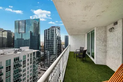 a balcony with a view of the city at Modern Bayview Apartment in Brickell Bay in Miami