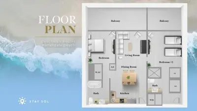 a diagram of a floor plan of a house at Sunset Oasis with 2BR, Balcony, Pool, Perfect Getaway in Hallandale Beach