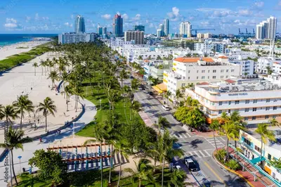 an aerial view of a city with a beach and buildings at Cozy Private Room, near the Airport - Free parking - 02 in Miami