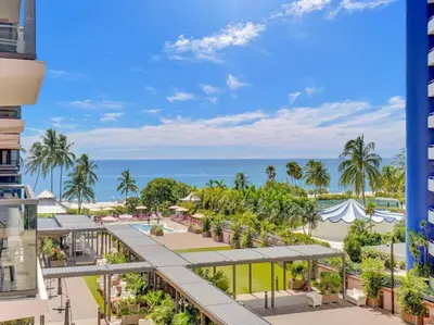 an aerial view of the resort with the ocean in the background at Fantastic condo w beach service 615 in Miami Beach