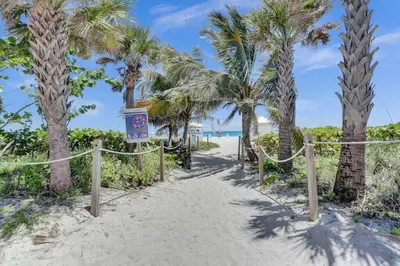 a path leading to the beach with palm trees at Full ocean view Huge private terrace 1002 in Miami Beach