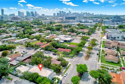 an aerial view of a city with a red marker at ArTease3 - stylish, near Wynwood Walls & restaurants in Miami