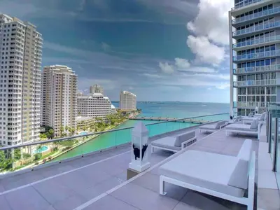 a balcony with a view of the ocean and buildings at ICON W BRICKELL BY IMD MIAMI Marvelous Ocean View 2BR/2BA in Miami