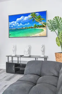 a living room with a couch and a tv on a wall at Homey Studio near the Airport and Water Park in Miami