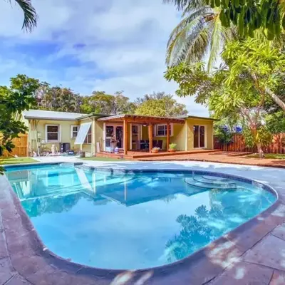 Tranquil Poolside Bliss Pergola Deck Turf Yard