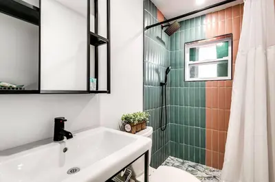 a bathroom with a sink and a shower at Wonderful Studio Cottage 2 people V5 in Miami