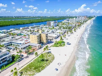 an aerial view of the beach and the ocean at Beach Front 1 Bedroom with Ocean View, Pool and Parking in Hollywood