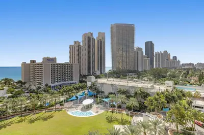 an aerial view of a city with a park at Spacious Family Escape with Pool & Beach Access in Sunny Isles Beach