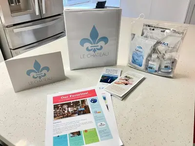 a counter withbranded boxes and pamphlets on it at Perfect Beach Escape 1BD/1Bath Close to Everything in Fort Lauderdale