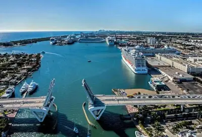 an aerial view of a harbor with boats in the water at The Dolphin Studio at Lake Ridge in Fort Lauderdale