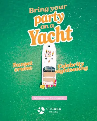 a poster for a party with a yacht on the ocean at Designer Home w Pool & Firepit - 7 min to Brickell in Miami
