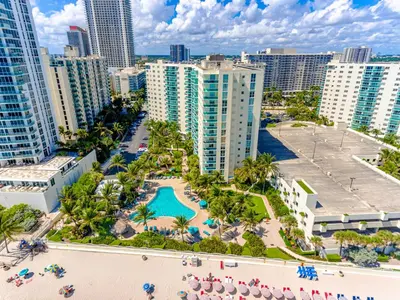 an aerial view of a resort with a beach and buildings at Hollywood on The Beach in Hollywood