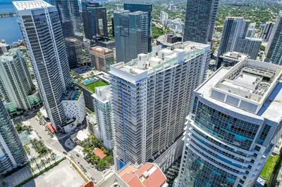 an aerial view of a city with tall buildings at Luxe Brickell Gem with Huge Balcony n Ocean Views in Miami