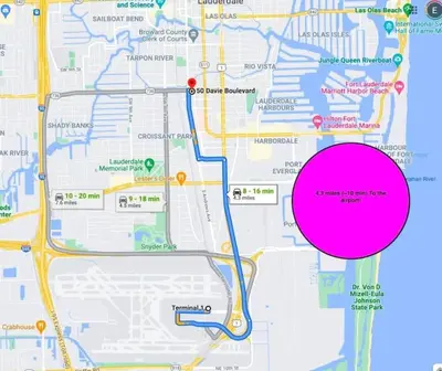 a map with a pink circle on it at Rustic Retreats Modern 1BR For 4 Guests Minutes From Las Olas in Fort Lauderdale