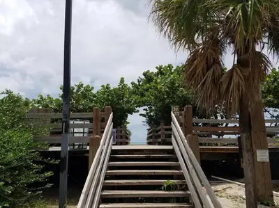a wooden staircase leading up to a beach with a palm tree at Miami Beach Getaway 100 yards from Beach in Miami Beach