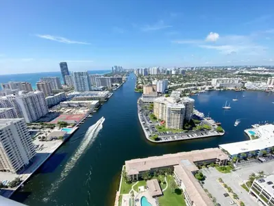 an aerial view of a river in a city at Luxury Miami Beach Retreat, Ocean at Your Doorstep -A in Hallandale Beach