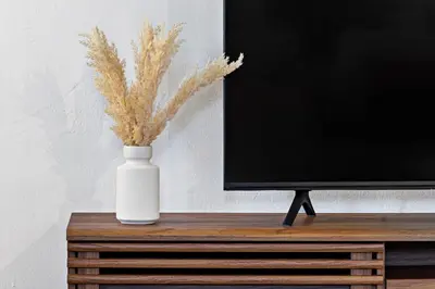 a white vase sitting on a table next to a tv at Spacious Beach Apt in Las Olas Blvd in Fort Lauderdale