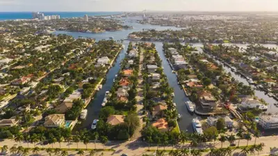 an aerial view of a city with a harbor at Spacious Beach Apt in Las Olas Blvd in Fort Lauderdale