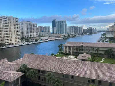 a view of a river in a city with buildings at Compact & Comfy, BeachWalk Studio for Small Groups in Hallandale Beach