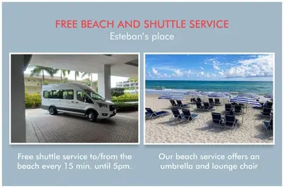 a white van parked on the beach with tables and umbrellas at Compact & Comfy, BeachWalk Studio for Small Groups in Hallandale Beach