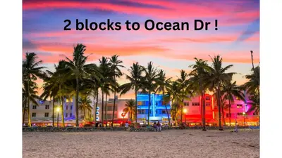 a beach with palm trees and a building with the words blocks to ocean dr at Best location by the Beach ! Free WiFi - TV - All amenities 103 in Miami Beach