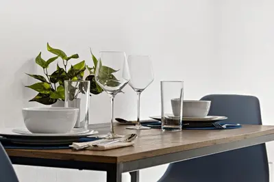 a table with glasses and plates and a plant on it at Lovely Rental Unit with free Parking on Premises in Fort Lauderdale